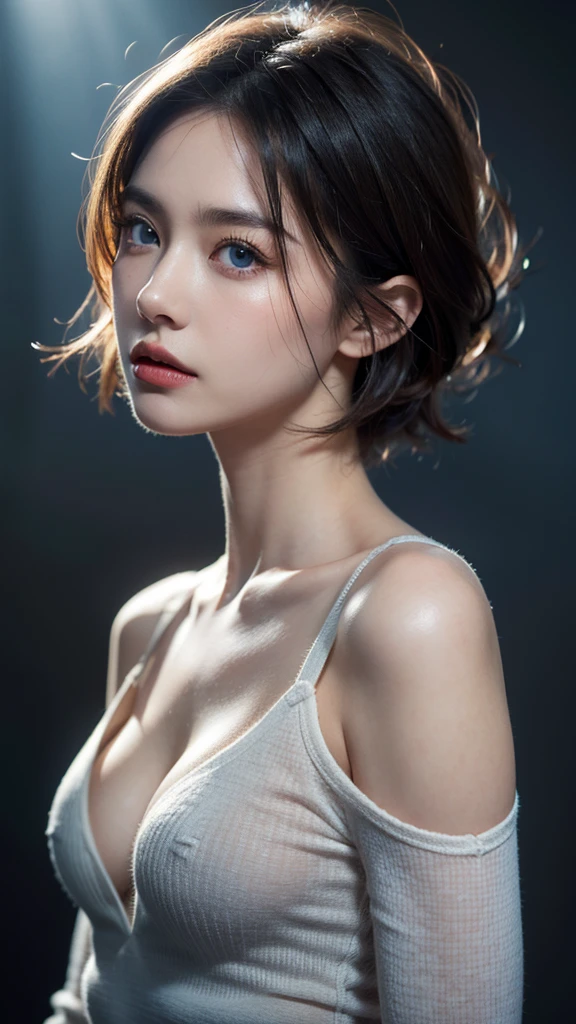 Skin Tight Black Top:1.2, Looking at Viewer, Cinematic lighting, Perfect, softlight, High resolution skin:1.2, Realistic skin texture, Realistic face, off shoulders, Exposed cleavage, Blue eyes, Short hair, dark brown hair、a small face、Bust B Cup、
