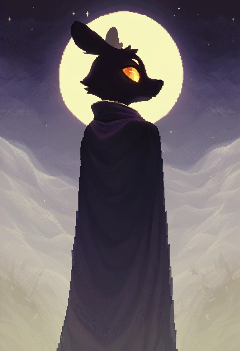 black furry bunny standing under the moonlight wearing a cloak and has glowing yellow eyes , dark background, high detail, no light, Pixel art of a woods landscape in the middle of the night, mistic, full moon, moonlight, (flat shading:1.2), (minimalist:1.4)
