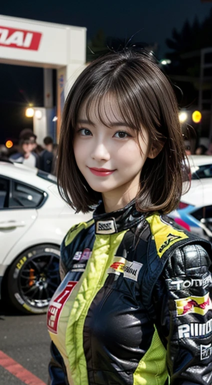Browsing Caution,{8K Photo Quality:1.2}、{Ultra-high resolution photo quality:1.2}、{Super Real 1.2}、{Perfect limbs}、{Japanese Youth Peace、Browsing Caution、1 Female、alone、Incredibly beautiful face、She is a race queen、She is wearing a metallic dark grey catsuit with numerous sponsor logos.、{A suit with lots of sponsor logos:1.5}、In the pits at a car race、dynamic sexy pose、smile、Brown bob cut hair、breast focus、Big Tits、Exposed breasts