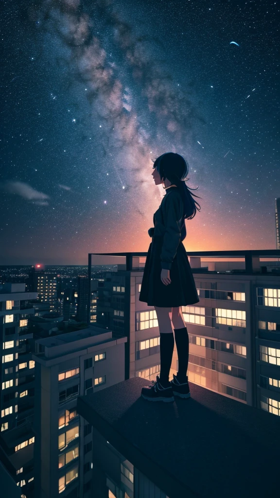 Anime girl standing on a rooftop looking at the stars and the night sky, Anime Wallpaper 4k, Anime Wallpaper 4 k, 4k Anime Wallpaper, Anime Art Wallpapers 8K, anime art wallpaper 4k, anime art wallpaper 4k, Anime Style 4k, Makoto Shinkai Cyril Rolando, 4K Manga Wallpapers, Anime Wallpaper, Awesome Wallpapers, shooting star