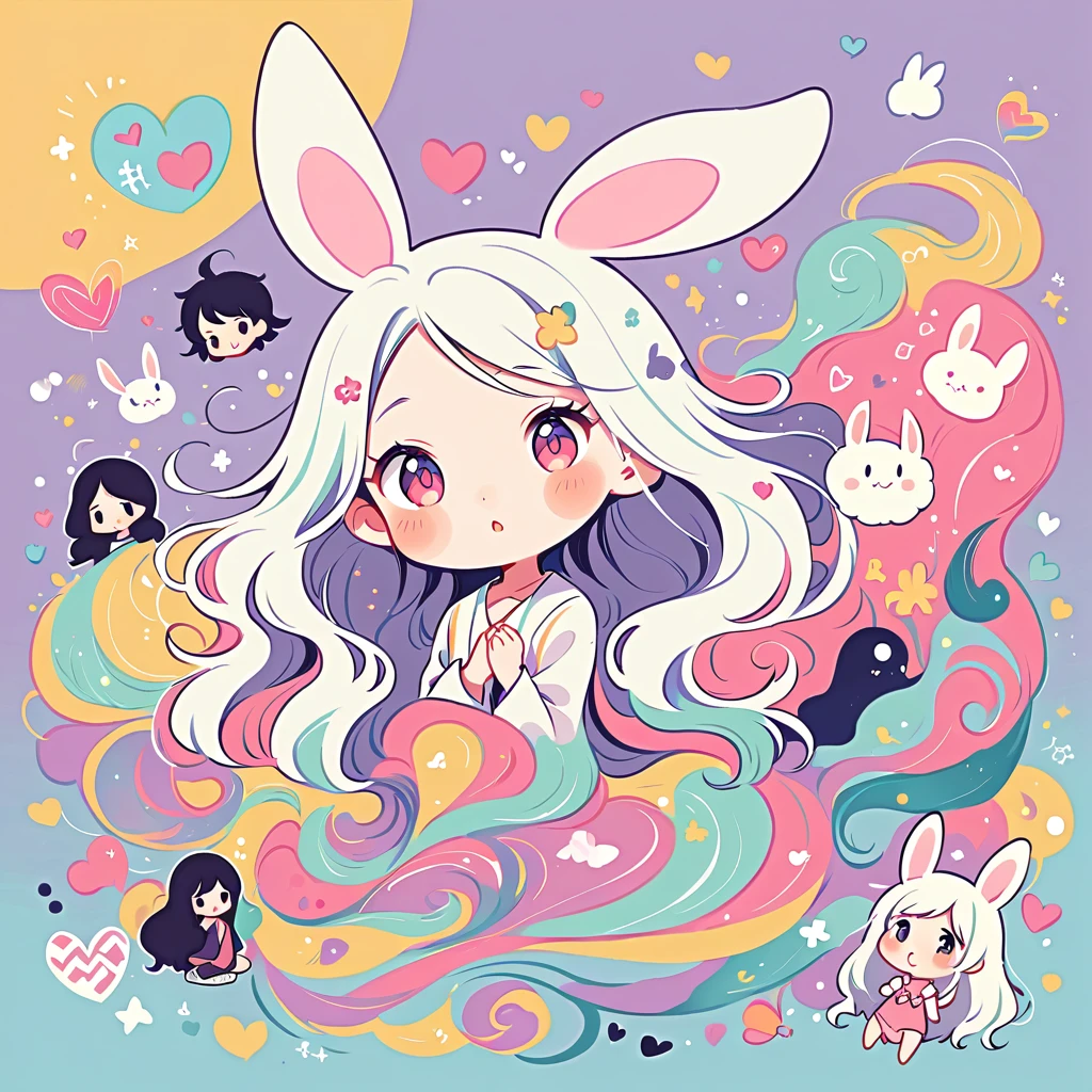 Simple line initials，Abstract art，Urban Background, Colorful Hearts ,(((The most beautiful girl of all time))), Cute Grim Reaper Character、Beautiful illustrations, Highest quality, Cute Grim Reaper、Bedroom, pastel colour, Fluffy bunny ears, , Silver long hair,