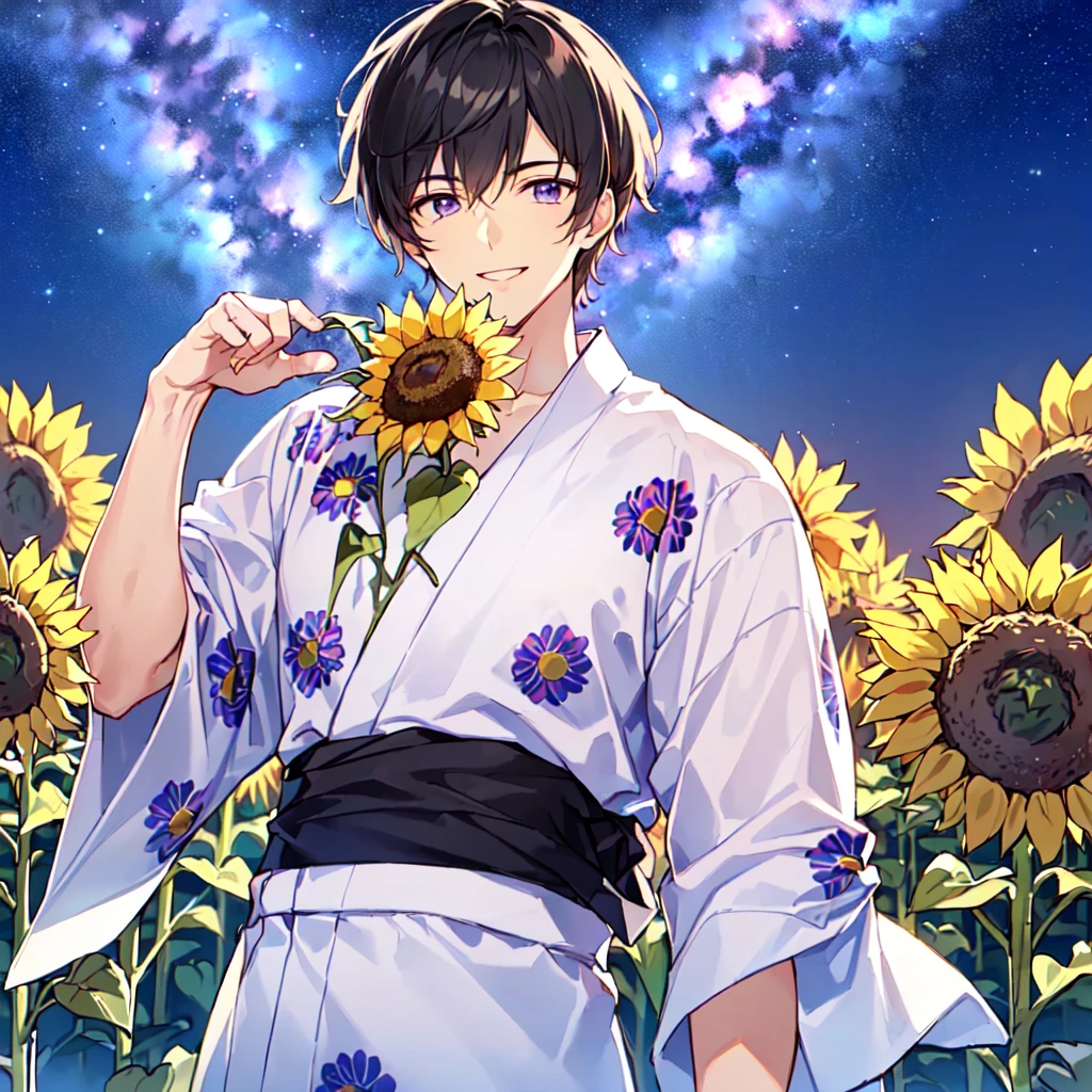 masterpiece,best quality,high quality,(1 male austere handsome solo adult age 30 years old:1.5), purple eyes, cool with suspended eyes, V-shaped eyebrows, body strong and fearless 8.5 head tall, height 185cm, (well-groomed black short hair down to neck:1.4), (bangs 7 thirds parted:1.4), slender nose, facial muscles, throat, (pants with yukata print summer fashion:1.3), (stylish pose), (cool smile:1.3), (background sunflower flower field:1.3) ,( Milky Way Night Sky: 1.3), (upper body:1.3)