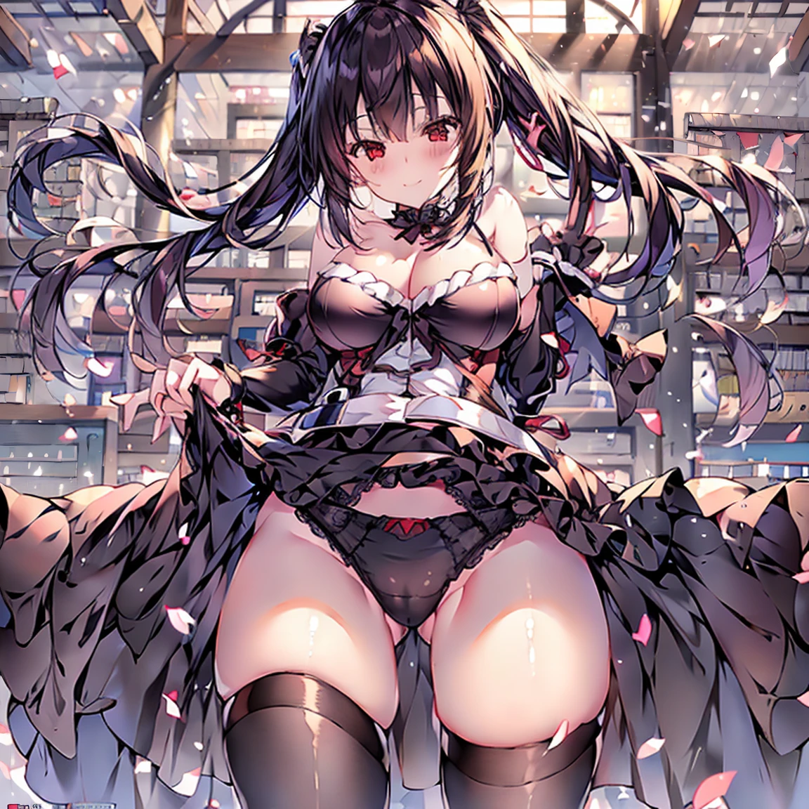 (((masterpiece, Highest quality, High resolution, 超High resolution, Pixel Perfect, Written boundary depth, 4K, About RTTX10.0))), Beautiful Anime Women, Beautiful art style, Anime characters, ((Smooth texture, 再alistic texture, Anime CG Style)), Exact finger count、Exact number of legs、(Exact number of arms:1.0, Exact number of hands:1.0), (Perfect hands, Perfect Anatomy), Cinematic, 再alistic, Extremely detailed CG, Daytime lighting, Perfect lighting, Best Shadow, The best natural light, whole body, whole body, ((Date A Live),(Tokizaki Kurumi)), ((She is showing her panties in her hands:1.3)), ((Sexy and cute panties, (Stylish shiny satin black panties:1.2), Lace panties:1):1.3), (Beautiful and very large breasts:1.2), (Feeling embarrassed, (blush:1.2), (Embarrassed look:1.5), (library:1.5), Angle from the front, holding panties, Panties as a gift