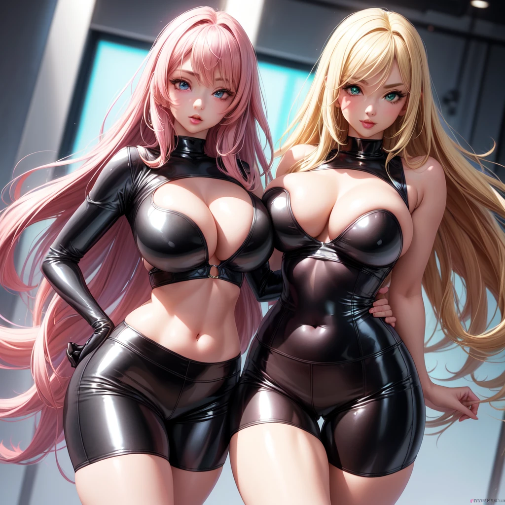 ((2 girls), solo, clevage, Big round perky breasts, lots of clevage, trendy, stylish, clevage, thighs, hips, realistic, pink hair, blonde hair, light green eyes, lip gloss, detailed face, amazing big eyes, eye details, big lips, eyebrow details, blush, naughty, mischevious face, HD, good quality, latex shorts clevage