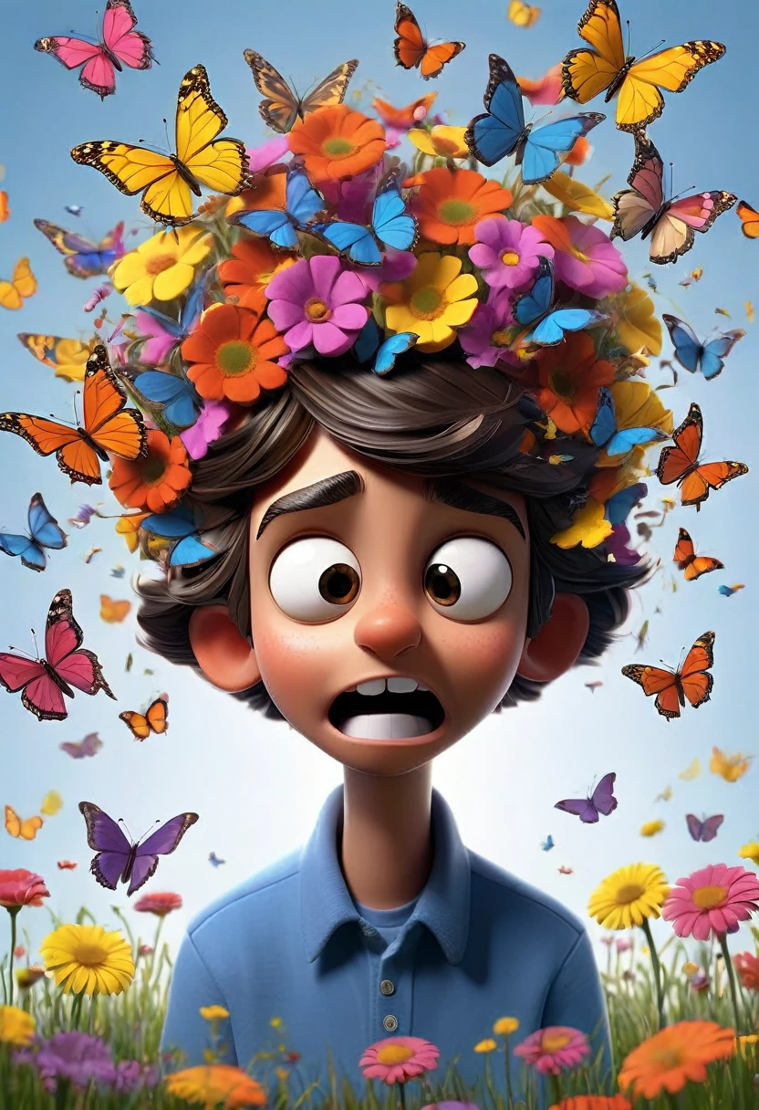 pulling out flowers and butterflies from inside his head, with happy appearance portraying attention deficit hyperactivity disorder