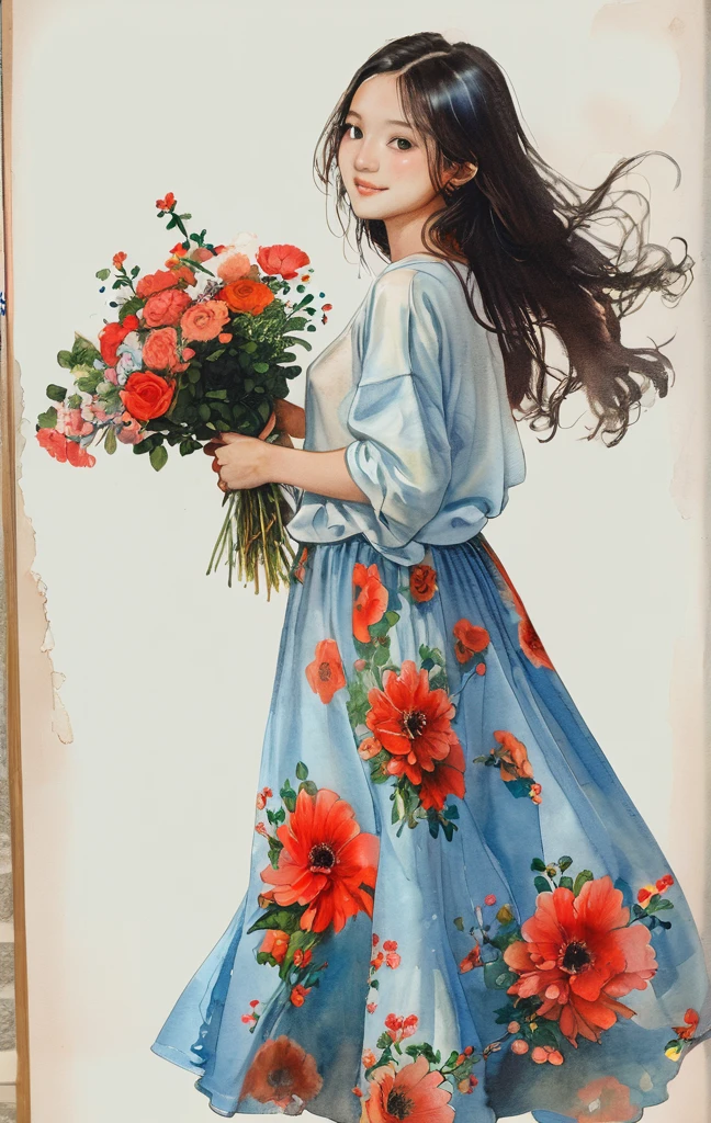 On a bright red campus"YES"Character、8K,masterpiece,top-quality, (From below:1.6) ,Dynamic Pose,30 years old 1 girl, Holding a large bouquet,Portrait, Floral, watercolor sketch, light, Long hair, ssmile, watercolor paiting \(Medium\),watercolor paiting,Plain tank top,Plain light blue sweater,long skirt