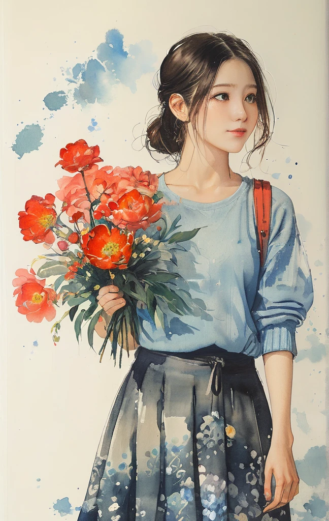 On a bright red campus"YES"Character、8K,​masterpiece,top-quality, (From below:1.6) ,Dynamic Pose,30 years old 1 girl, Holding a large bouquet,Portrait, Floral, watercolor sketch, light, Long hair, ssmile, watercolor paiting \(Medium\),watercolor paiting,Plain tank top,Plain light blue sweater,long  skirt