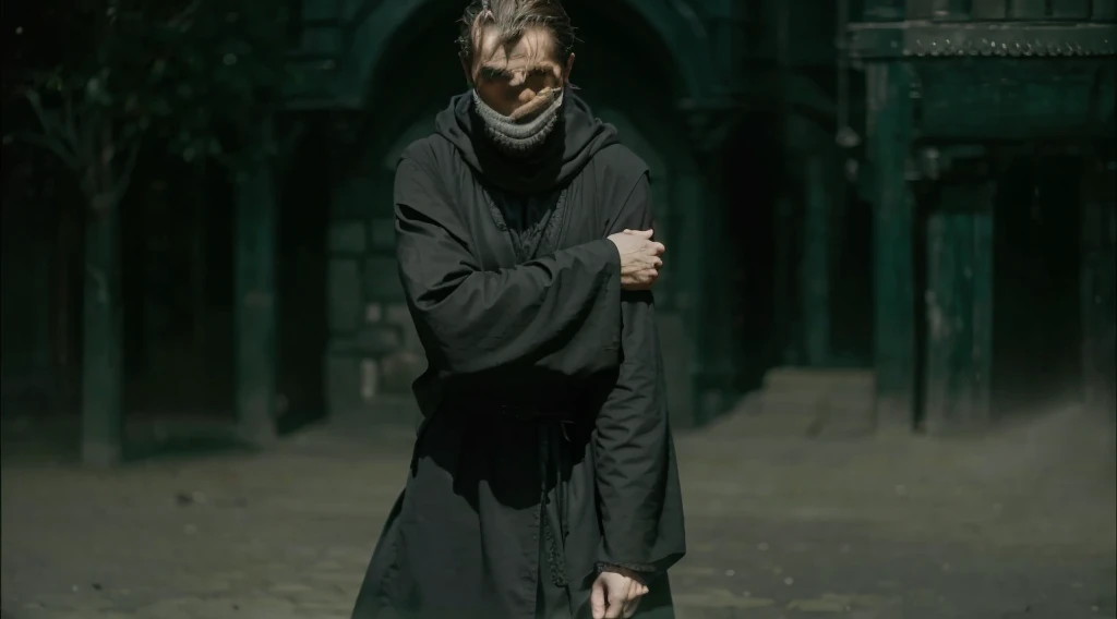 a medieval man wearing a black cloak, ornate mask, medieval clothing, detailed face, dramatic lighting, cinematic, dark fantasy, moody atmosphere, chiaroscuro