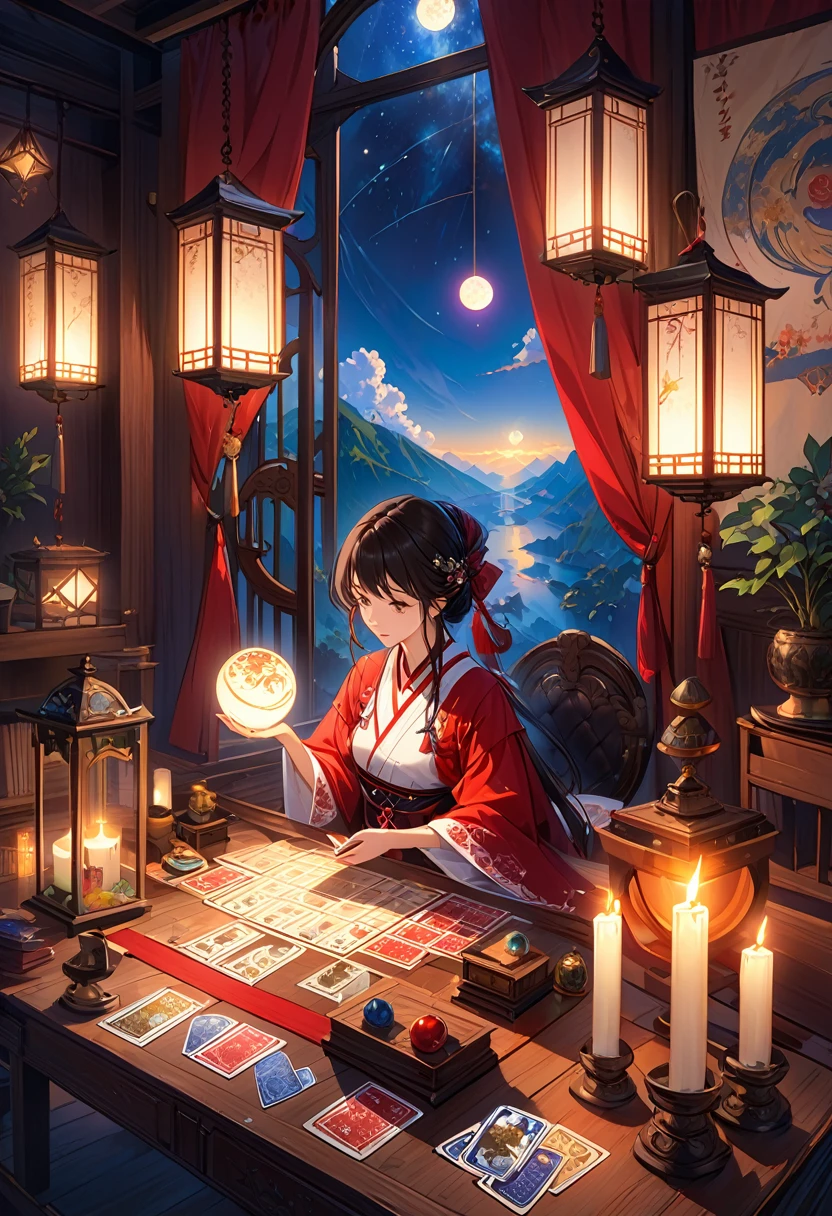 美しく神秘的なfortune teller,Compact and fun environment. ケープを羽織ったfortune teller, Delicate facial features.
The scene is dim, Create an atmosphere of uncertainty and expectation. テーブルに座るfortune teller, Tarot Cardsで飾られた, Crystal Ball, Tarot Cards. The table is surrounded by candles, exuding a mysterious atmosphere.
The lighting in the room was dim, casting seductive shadows,Enhance the mystical atmosphere. Tarot Cardsを持っているfortune teller, Observing Signs and Predicting the Future.
The overall artwork must be of the highest quality, 解像度は4KAlsoは8Kです. The level of detail must be extremely detailed and realistic, Almost photorealism.
Artistic style should reflect official aesthetics, Bright colors,Strong contrast. The color tone is、There is a need to emphasize the mystical and mystical themes of artworks。.
fortune teller'The cape has an intricate pattern, Metal frame with thickness ratio of 1.5. Also, A decorative border of roses should be incorporated into the piece...
The scene must have a magical atmosphere.., Like a night sky full of stars. fortune teller'Facial expressions should convey mystery and curiosity.