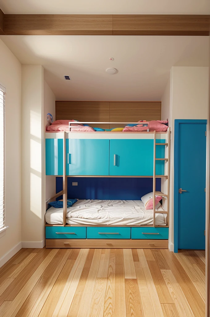 Make a sleeping room for children with color blindness, architectural perspectives of architectural plan, colored with pencil, with measurements in meters, use varied colors 