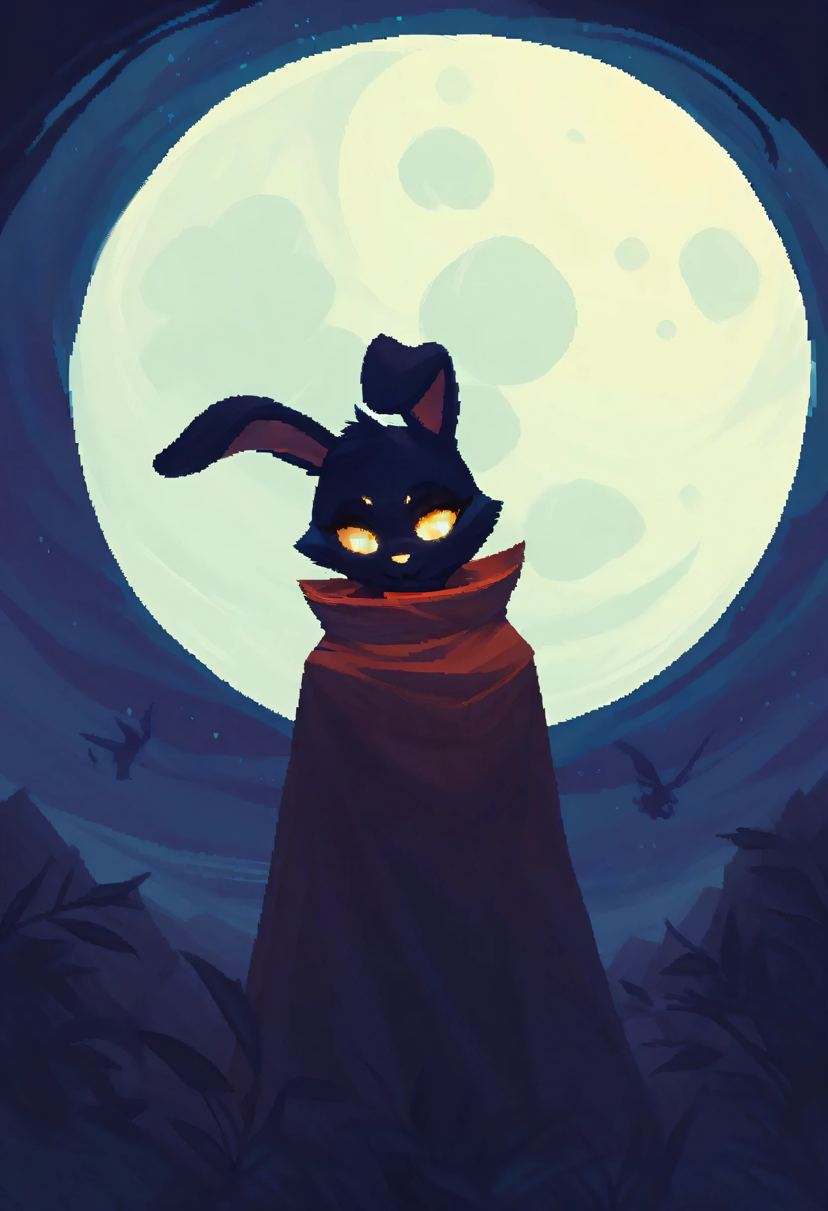 black furry bunny standing under the moonlight wearing a cloak and has glowing yellow eyes , dark background, high detail, no light, Pixel art of a woods landscape in the middle of the night, mistic, full moon, moonlight, (flat shading:1.2), (minimalist:1.4)