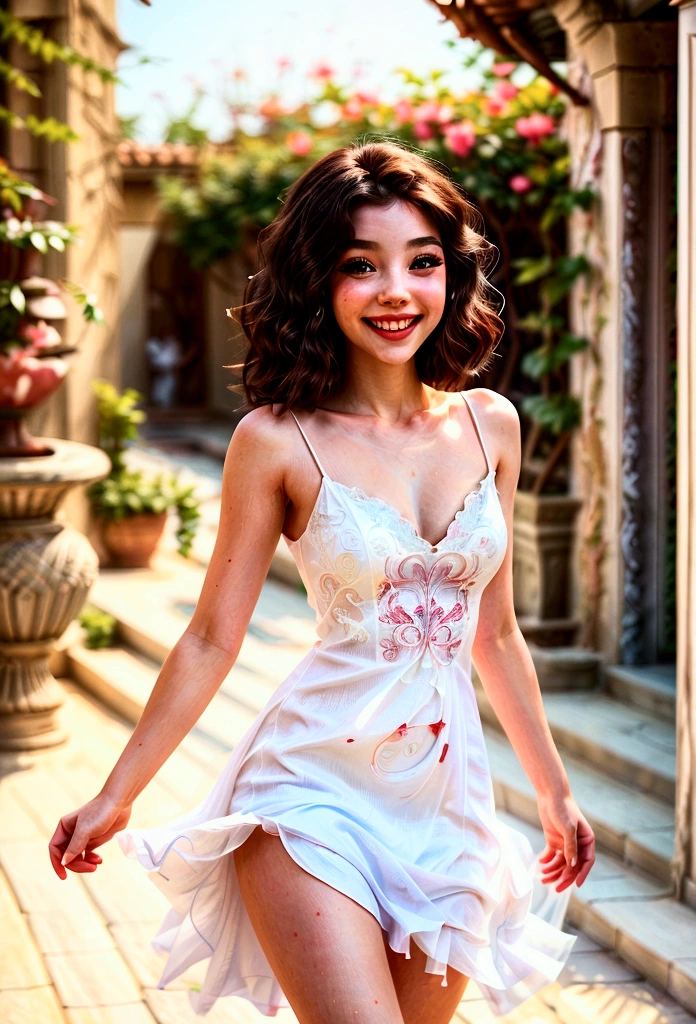 (Beautiful young woman_bright smile, girl in pure white dress, full body angle_dancing charmingly with dreamy expression), highly detailed, realistic, masterpiece, illustration, 1 girl, high angle, messy long hair, Top quality, highly detailed CG Unity 8k wallpaper, ink, amazing, cinematic lighting, lens flare, Dunhuang style,