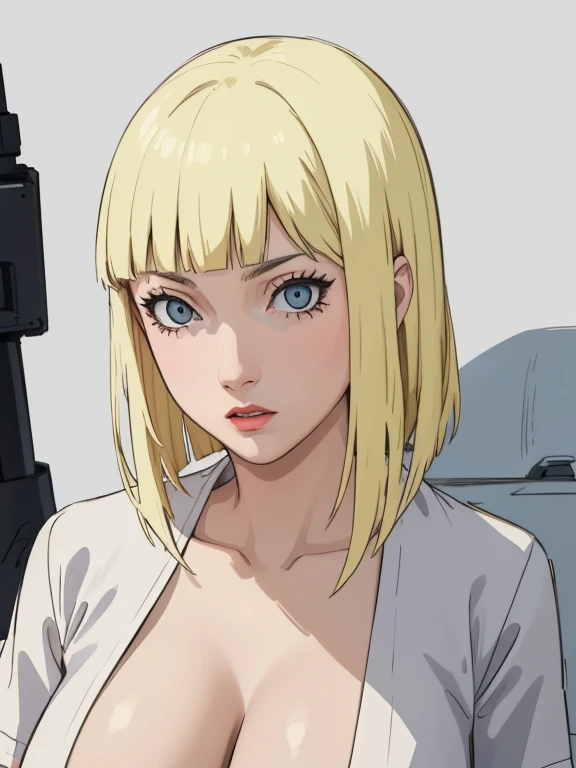 Best quality, masterpiece, ultra high res, 1girl, sexy, in the dark, deep shadow, low key, cold light, milf, dynamic light, cinematic lighting, cinematic lighting, down blouse, mature woman, middle parted hair, nsfw, natural breast, big breast, large breast,upper body, milf, nsfw, final fantasy, blonde, face closeup, face detail, red lips detail, white background, samui