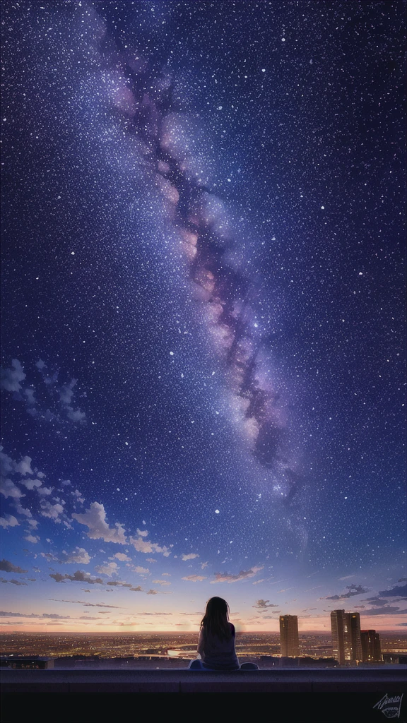 octans, sky, star (sky), scenery, starry sky, night, 1girl, night sky, solo, outdoors, signature, building, cloud, milky way, sitting, tree, long hair, city, silhouette, cityscape
