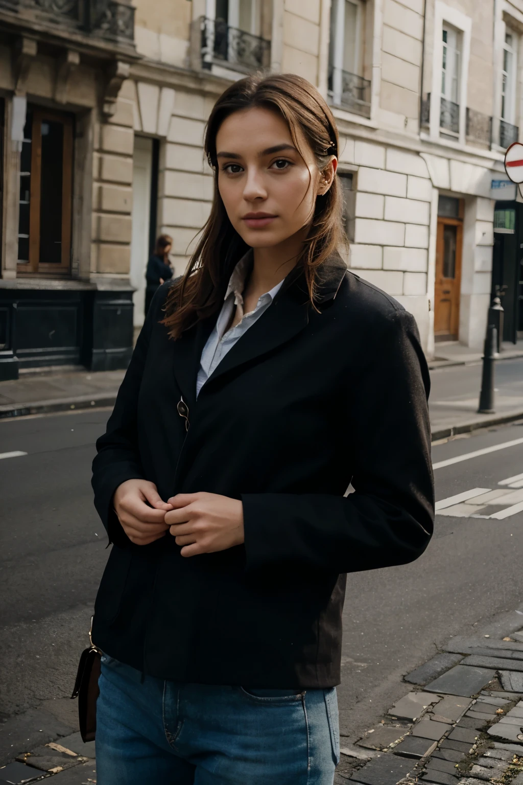Capturez une image très réaliste d'une influenceuse brune de 25 ans, cheveux de longueur moyenne, yeux vert, mettant en valeur un chic, costume Armani blanc ajusté. Elle se tient à côté de sa Volkswagen Beetle décapotable rouge, sur fond de rue de New York. Visez une photo de qualité reflex numérique reflétant le style de Russell James. Inclure: le réalisme, sophistication, milieu urbain. éviter: les dessins animés, thèmes fantastiques, éléments abstraits, animaux, traits exagérés."