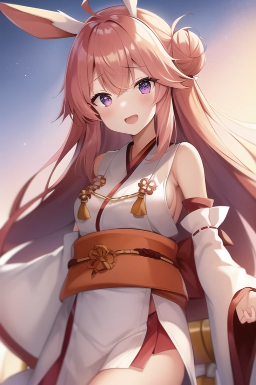 One girl, alone, Long Hair, King Kongu (Kantai Collection),Sakura Miko, Pink Hair, Double Bang, Purple eyes, Hair Bun, Ahoge, Open your mouth, Non-traditional Shrine Maiden, Removable sleeves, Brown eyes, White Background, (headgear):2, (Hair Bunド):2, smile, Sleeves edged with ribbon, Simple Background, kimono, Ribbon trim, View your viewers,  username, Upper Body, Wide sleeves, :d, King Kong