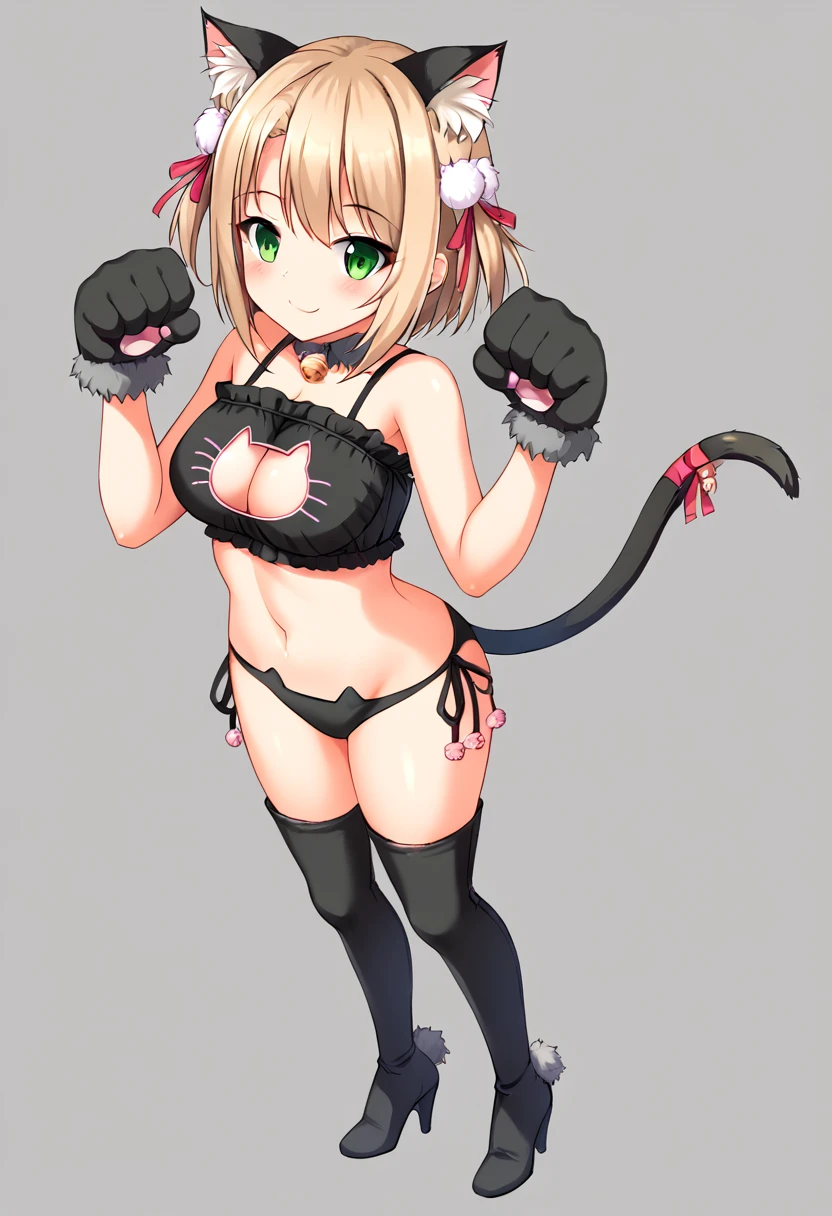 1girl, breasts, looking at viewer, blush, smile, short hair, bangs, blonde hair, simple background, hair ornament, thighhighs, white background, animal ears, cleavage, medium breasts, closed mouth, underwear, green eyes, standing, tail, full body, braid, boots, frills, cat ears, bra, high heels, cat tail, animal ear fluff, bare arms, clothing cutout, multiple views, thigh boots, cleavage cutout, white footwear, underwear only, light brown hair, knee boots, cat girl, short twintails, pom pom (clothes), high heel boots, white bra, paw pose, meme attire, frilled bra, cat cutout, cat lingerie, pom pom hair ornament