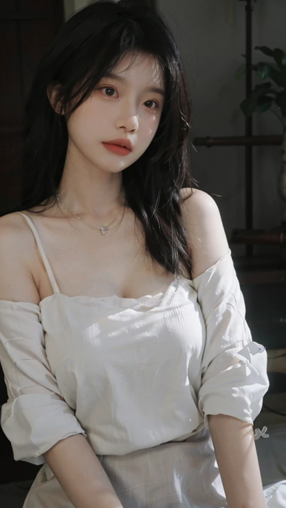 Portrait photography，1 girl，Heavy makeup，Bare shoulders，Lipstick，(Big breasts:1.4)，Shoulder-Length Wavy Hair，Wear a necklace，scarf，Earring short sleeves，serene，calm，(Realistic and detailed eyes，Natural skin texture，Realistic facial details)，Soft dramatic lighting，Depth of Field，Bokeh，Big breasts，Areola，，Cleavage，Vibrant details，In detail and in detail，Surreal,35mm,hazy，