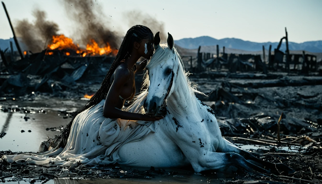 Cinematic still, full-body shot, rule of thirds composition, a slender, 18 year old, mixed race, gorgeous dark skinned female, embracing a beautiful fallen white horse, sorrowful, body covered in black paint, body wrapped in thin translucent burnt gauze veils, set against desolate destroyed wasteland, fires, rubble, twisted metal, polluted water. melancholic, color grading in rich blues and subtle golden hues, realistic textures, shot on Canon EOS 5D Mark IV, Canon EF 50mm f/1.2L USM. lens, subtle accents and highlights, realism pushed to the extreme, high contrast, superb clarity, in the style of Bill Henson