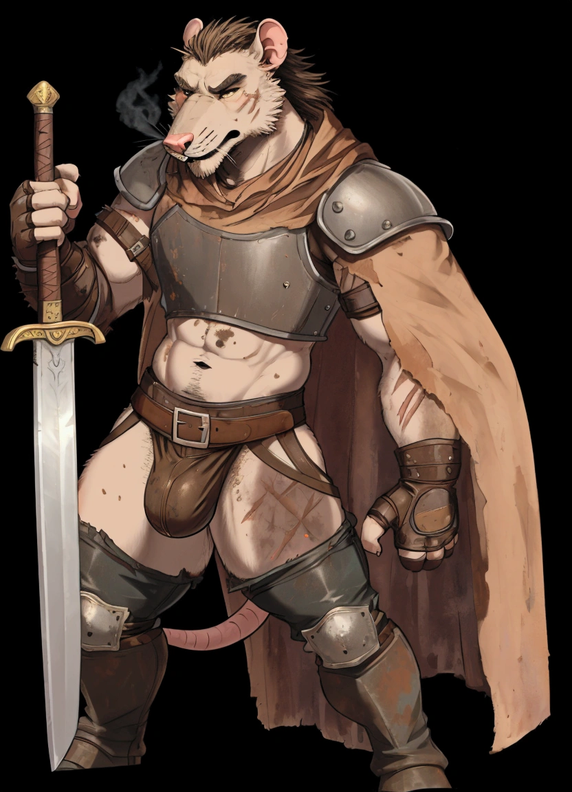 Solo Sexy young anthro furry rat male mercenary medieval solider, tall and slim slimin hips muscular, anthro handsome gay shorter muzzle, handsome gay model male apperance, sword scars, worn out leather skimpy armament, low on hips heavy leather belt, old very worn out skimpy dirty linen material jockstrap, old yellow dirty worn out stains on white sawn jockstrap, very visible "x" brown seam pattern on the jockstrap, studded skimpy armlets breastplate armor, skimpy breastplate, leather bondages, fingerless leather gloves, smelly unwashed furr, dirty body look, desert battlefield, standing in sexy fighting position, close view of full character