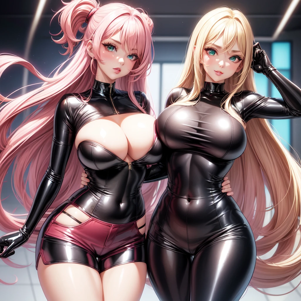 ((2 girls), solo, clevage, Big round perky breasts, lots of clevage, trendy, stylish, clevage, thighs, hips, realistic, pink hair, blonde hair, light green eyes, lip gloss, detailed face, amazing big eyes, eye details, big lips, eyebrow details, blush, naughty, mischevious face, HD, good quality, latex shorts clevage