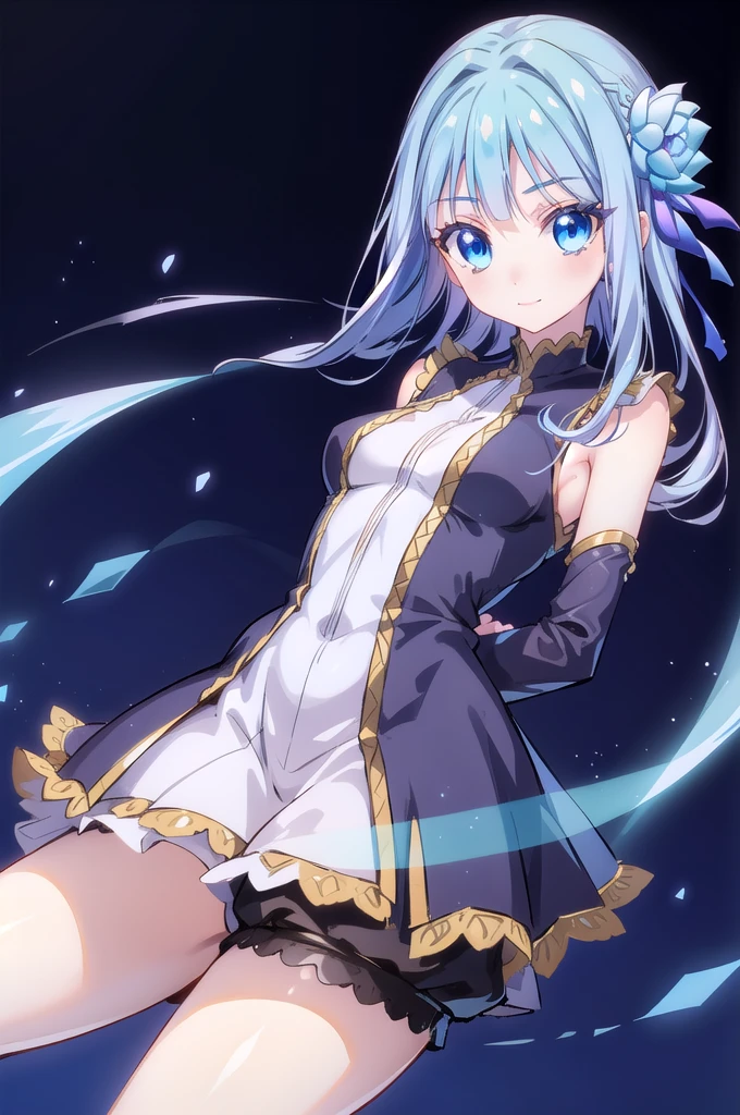 1girl,solo,full body,standing,(blue hair:1.2),long hair, straight hair,bangs,ice flower ornament,(blue eyes:1.2), (beautiful fingers:1.4),(perfect anatomy:1.4),(arms_behind_back:1.6),medium breasts,beautiful breasts,masterpiece,best quality,(Ultra high definition eyes:1.2),8k,(Beautiful detailed eyes:1.2),(Fine and beautiful eyes:1.2),(pretty eyes:1.2),finely detail,extremely CG, absurdres,high resolution,illustration,Detailed and beautiful outlines,finely detail,high resolution,(colorful refraction:1.4,Increase saturation:1.2),beautiful lighting,dynamic lighting,closed room,black background,simple background, smile,looking at viewer,mabel rayveil, hair ornament, flower, hair flower, blunt bangs,long sleeves,blue dress, jacket, shorts, puffy sleeves, short shorts, black shorts, juliet sleeves,