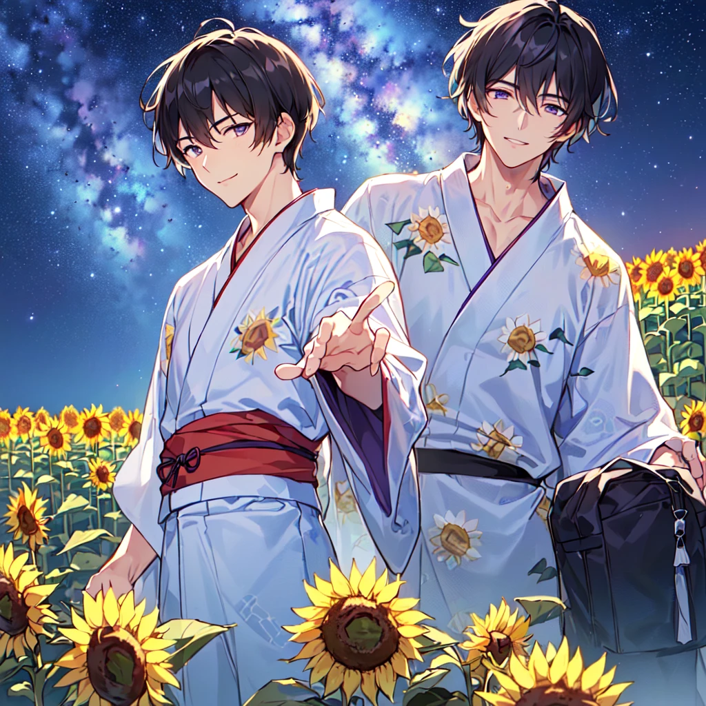 masterpiece,best quality,high quality,(1 male austere handsome solo adult age 30 years old:1.5), purple eyes, cool with suspended eyes, V-shaped eyebrows, body strong and fearless 8.5 head tall, height 185cm, (well-groomed black short hair down to neck:1.4), (bangs 7 thirds parted:1.4), slender nose, facial muscles, throat, (pants with yukata print summer fashion:1.3), (stylish pose), (cool smile:1.3), (background sunflower flower field:1.3) ,( Milky Way Night Sky: 1.3)