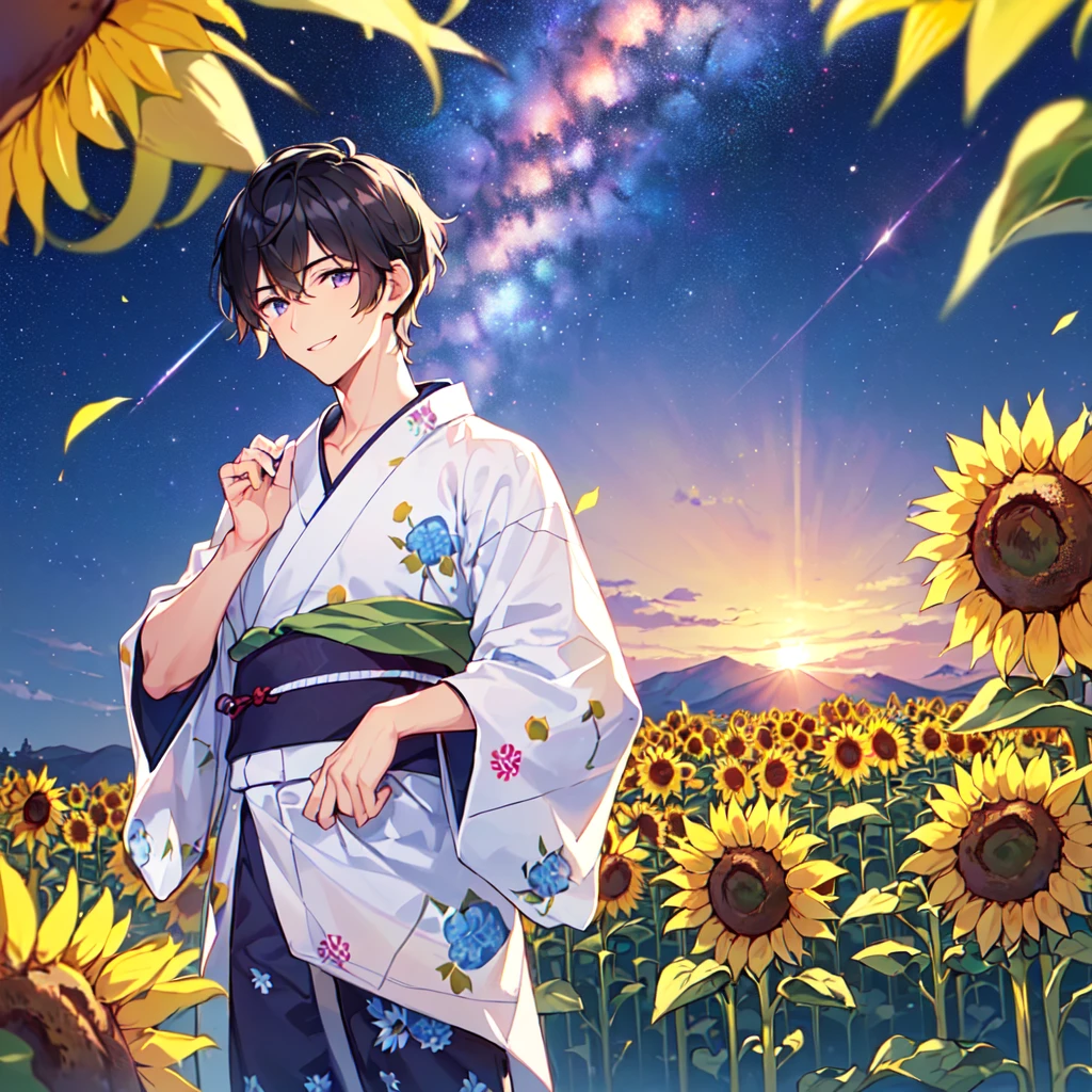 masterpiece,best quality,high quality,(1 male austere handsome solo adult age 30 years old:1.5), purple eyes, cool with suspended eyes, V-shaped eyebrows, body strong and fearless 8.5 head tall, height 185cm, (well-groomed black short hair down to neck:1.4), (bangs 7 thirds parted:1.4), slender nose, facial muscles, throat, (pants with yukata print summer fashion:1.3), (stylish pose), (cool smile:1.3), (background sunflower flower field:1.3) ,( Milky Way Night Sky: 1.3)