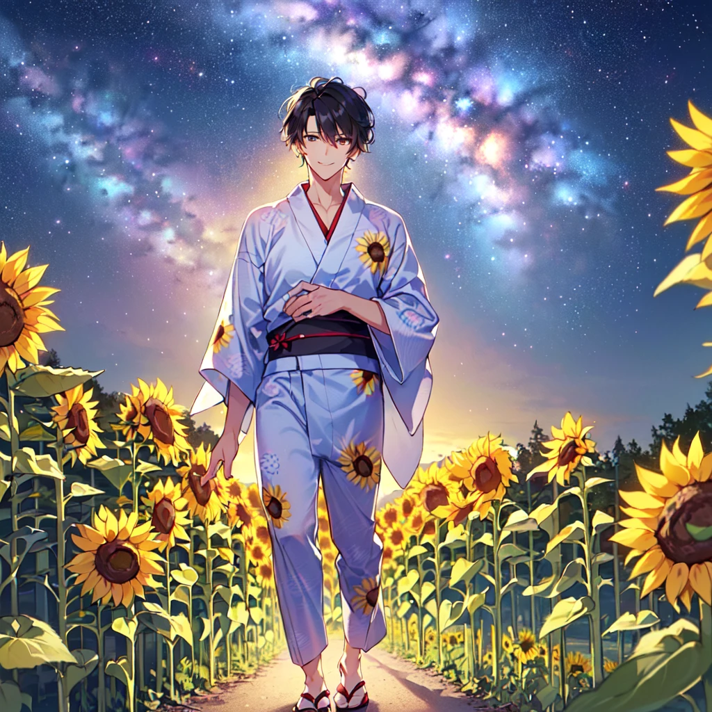 masterpiece,best quality,high quality,(1 male austere handsome solo adult age 30 years old:1.5), purple eyes, cool with suspended eyes, V-shaped eyebrows, body strong and fearless 8.5 head tall, height 185cm, (well-groomed black short hair down to neck:1.4), (bangs 7 thirds parted:1.4), slender nose, facial muscles, throat, (pants with yukata print summer fashion:1.3), (stylish pose), (cool smile:1.3), (background sunflower flower field:1.3) ,( Milky Way Night Sky: 1.3)