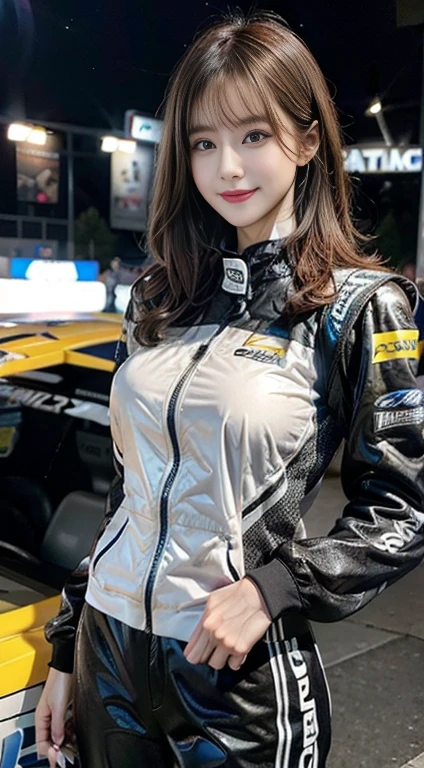 Browsing Caution,{8K Photo Quality:1.2}、{Ultra-high resolution photo quality:1.2}、{Super Real 1.2}、{Perfect limbs}、{Japanese Youth Peace、Browsing Caution、1 Female、alone、Incredibly beautiful face、She is a race queen、She is wearing a metallic dark grey catsuit with numerous sponsor logos.、{A suit with lots of sponsor logos:1.5}、In the pits at a car race、dynamic sexy pose、smile、Brown bob cut hair、breast focus、Big Tits、Exposed breasts
