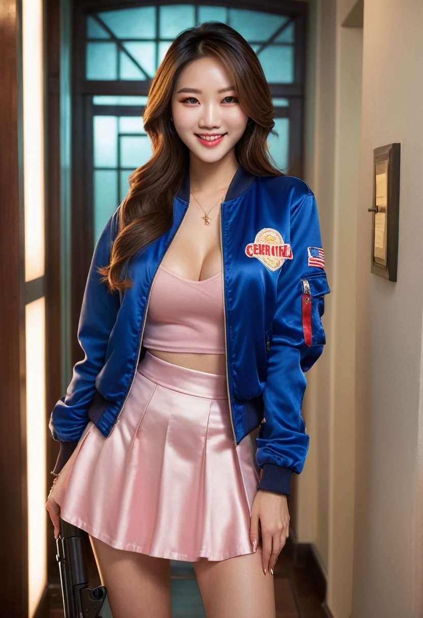 Half body photo, 1 beautiful Asian girl; coy smile, royal blue satin bomber jacket; (holding a shotgun in in her hands:1.4), satin skirt,, long hair,wearing jewelry, natural makeup, extremely detailed eyes and face, lovely smile, delicate blush, sensuous lips, intricate facial details, perfect skin, flawless skin texture perfect, ; standing in a long hallway with many doors, evening lighting, vivid colors, , subtle , dreamy, luxurious atmosphere, low lighting; Super high quality, surreal, 8K, high resolution, masterpiece, detailed, extremely magical, professional cinematic lighting, , vibrant colors; Fine brushstrokes,ethereal vibe,mesmerizing gaze,dreamy atmosphere,blending elegance,subtle color gradients,,understated beauty. In the background several men lay unconscious on the hallway floor