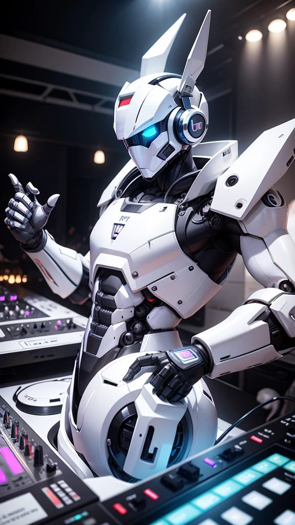 robot rabbit, White color, masculine, humanoid, in a club playing a turntable and dj mixer,