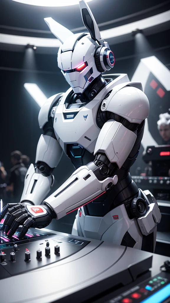 robot rabbit, White color, masculine, humanoid, in a club playing a turntable and dj mixer,