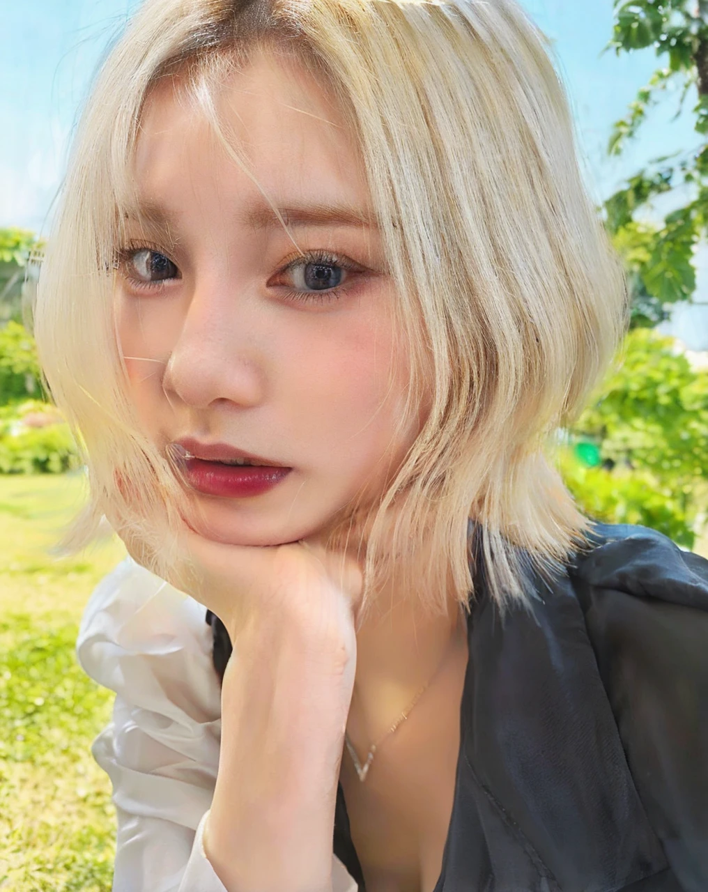 A beautiful girl with short, straight blonde hair and blue eyes, realistic portrait, detailed facial features, long eyelashes, intricate hairstyle, serene expression, photorealistic, 8k, high resolution, best quality, detailed skin texture, vibrant colors, dramatic lighting, cinematic composition, oil painting style