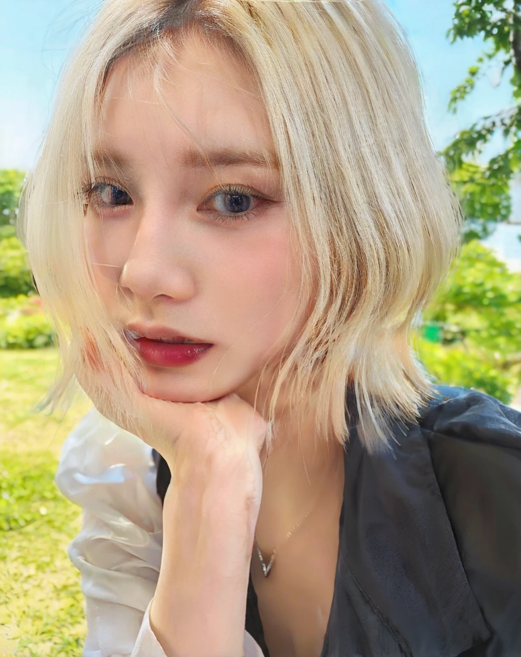 A beautiful girl with short, straight blonde hair and blue eyes, realistic portrait, detailed facial features, long eyelashes, intricate hairstyle, serene expression, photorealistic, 8k, high resolution, best quality, detailed skin texture, vibrant colors, dramatic lighting, cinematic composition, oil painting style