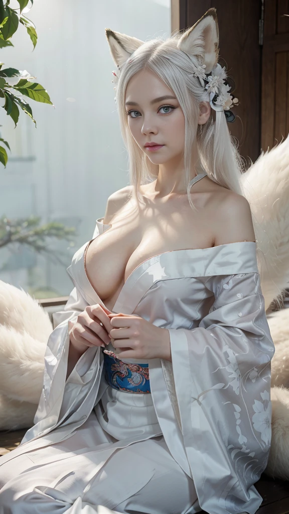 one nine-tailed fox girl wearing a kimono, Beutiful blue eyes, skin white,pale skin, white kimono, very long white hair, fox ears, nine fox tails