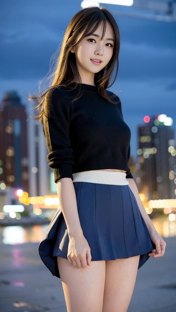 one slender girl、(looking at the viewer)、(Bokeh:1.1)、parted lips、No expression、realistic、tights、skirt、skyline、realistic、アップskirt、skirtリフト、highest quality、masterpiece:1.3、超A high resolution、Angle of view from below:1.25 、panties close up:1.35、A look of embarrassed laughter、The background is a night view、(look viewer:1.3)、(beautiful face:1.2)