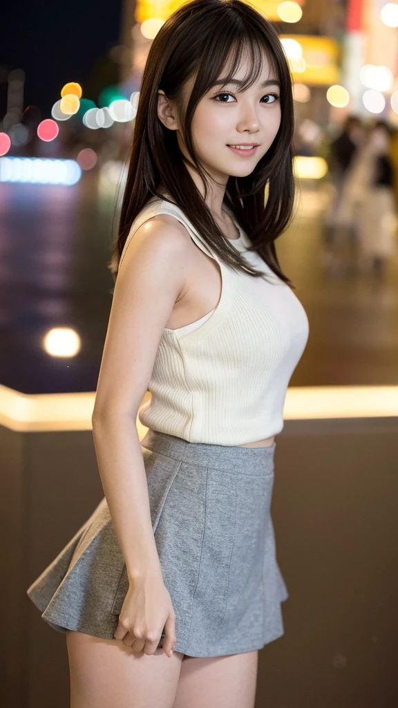 one slender girl、(looking at the viewer)、(Bokeh:1.1)、parted lips、No expression、realistic、tights、skirt、skyline、realistic、アップskirt、skirtリフト、highest quality、masterpiece:1.3、超A high resolution、Angle of view from below:1.25 、panties close up:1.35、A look of embarrassed laughter、The background is a night view、(look viewer:1.3)、(beautiful face:1.2)