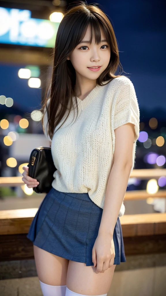 one slender girl、(looking at the viewer)、(Bokeh:1.1)、parted lips、No expression、realistic、tights、skirt、skyline、realistic、アップskirt、skirtリフト、highest quality、masterpiece:1.3、超A high resolution、Angle of view from below:1.25 、panties close up:1.35、A look of embarrassed laughter、The background is a night view、(look viewer:1.3)、(beautiful face:1.2)