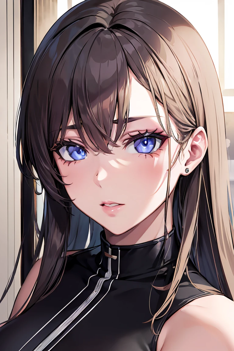 perfect eyes,detailed,attractive ,adult,mature, cross one&#39;s legs,A cunning smile  ,high heel,,sun,,dominant,ponytail hair,mature face,senior illustration ,colorful hair,skirt,cleavage shirt,sharp, Lips