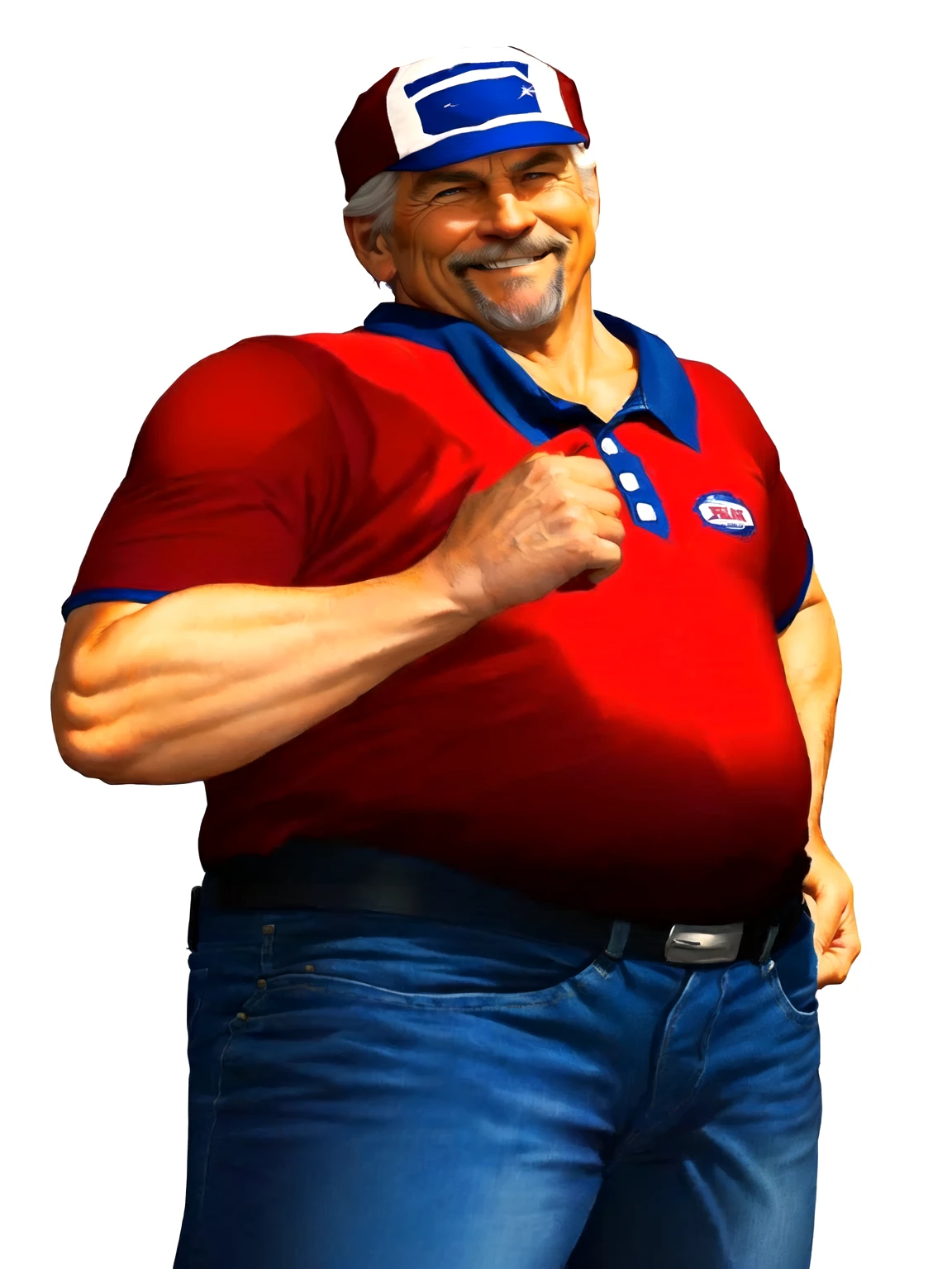 detailed close up of a man in his 60s wearing a red shirt and blue jeans, as a character in tekken, beefy, realistic textures, jeff bridges with a goatee, best friend smiling at you with encouragement, Out Run 2 flagman, 2 k, 2k, muscular bernie sanders, buff man, character from king of fighters, robust stocky body, hide the pain harold, name of character is flagman, wise face, his cap has a SEGA logo on it, (very short GREY hair) satisfied face, expression as in "not bad at all"
