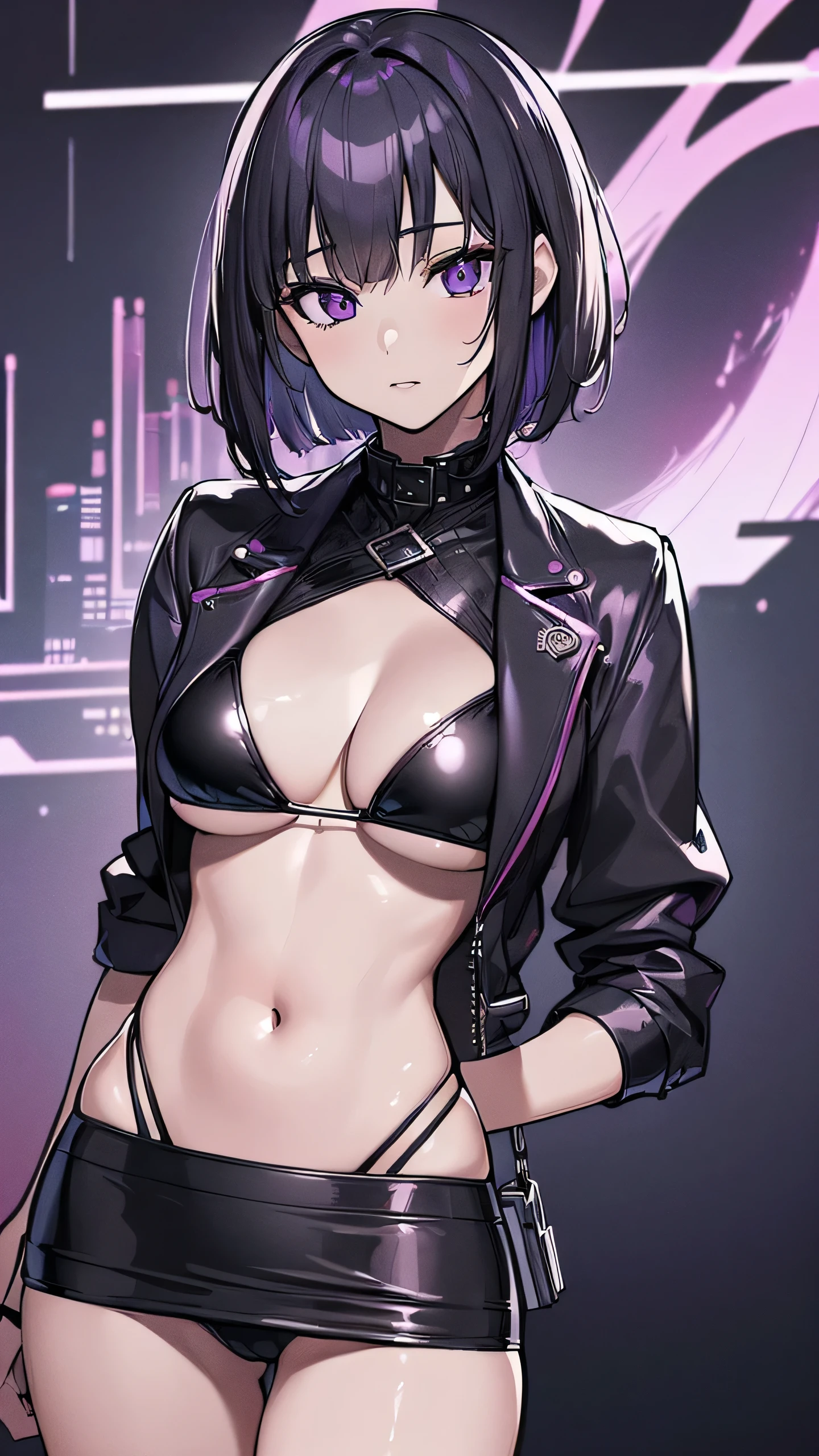 (best quality, 8k, high definition, ultra detailed, photorealistic:1.37), anime style, masterpiece, unity wallpaper, bikini violet, violet eyes, short hair, perfect anatomy, detailed faces, black jacket, short skirt, view of a palace at night.