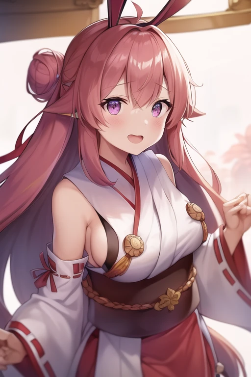 One girl, alone, Long Hair, King Kongu (Kantai Collection),Sakura Miko, Pink Hair, Double Bang, Purple eyes, Hair Bun, Ahoge, Open your mouth, Non-traditional Shrine Maiden, Removable sleeves, Brown eyes, White Background, (headgear):2, (Hair Bunド):2, smile, Sleeves edged with ribbon, Simple Background, kimono, Ribbon trim, View your viewers,  username, Upper Body, Wide sleeves, :d, King Kong