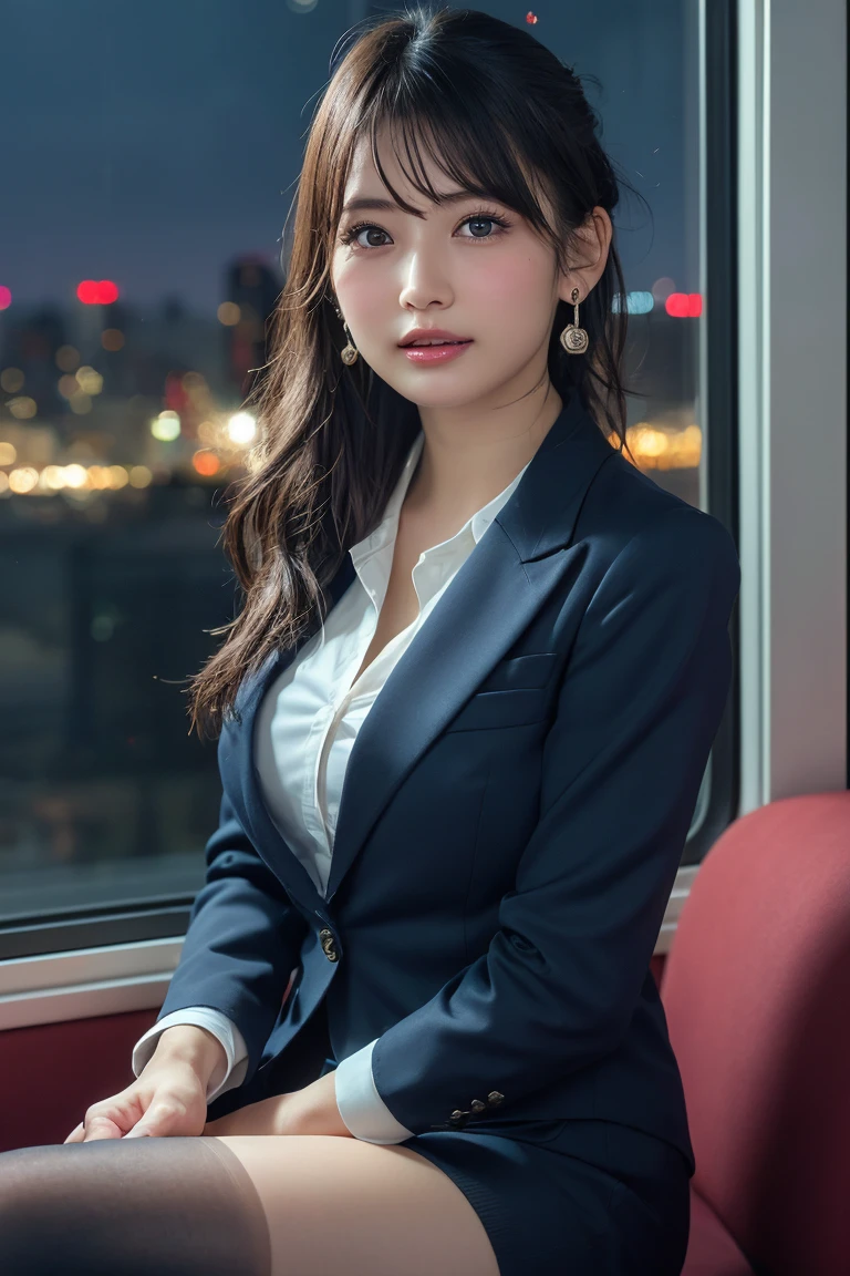 ((Upper Body))、(masterpiece:1.3), High resolution, Very detailed, Very detailed CG Unity 8k 壁紙, Realistic, photo-Realistic, RAW Photos, Beautifully detailed face, Pale skin, Realistic glistening skin, Detailed cloth texture, Detailed hair texture, Perfect Style, Beautiful Face, Accurate, Anatomically correct, Very detailed顔と肌の質感, fine grain, Brown eyes, double eyelid, Thin eyebrows, (Droopy eyes:0.65), (Glitter Eyeliner:1.2), Natural Cheeks, Shiny skin, (Fair skin:1.2), Shiny necklace and earrings, (Glossy Lips: 1.4),
break
(Classy and cute girl:1.3), (High ponytail hairstyles, Wavy Hair, Dark brown hair), (Captivating smile:1.2) (Wear an elegant business suit:1.3), (Black Stockings), Medium large breasts,
break
((Cowboy Shot:1.2)), (Cross-legged sitting pose:1.4), At the train door, ((Night city view:1.2)),