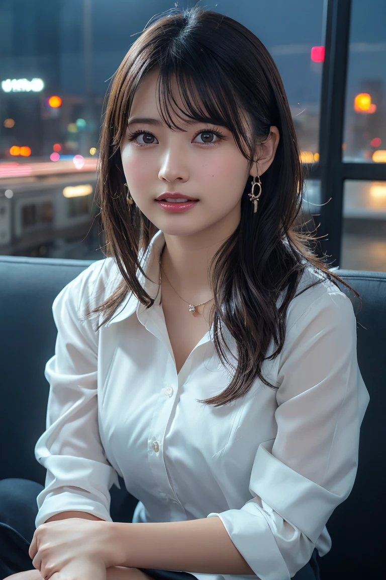 ((Upper Body))、(masterpiece:1.3), High resolution, Very detailed, Very detailed CG Unity 8k 壁紙, Realistic, photo-Realistic, RAW Photos, Beautifully detailed face, Pale skin, Realistic glistening skin, Detailed cloth texture, Detailed hair texture, Perfect Style, Beautiful Face, Accurate, Anatomically correct, Very detailed顔と肌の質感, fine grain, Brown eyes, double eyelid, Thin eyebrows, (Droopy eyes:0.65), (Glitter Eyeliner:1.2), Natural Cheeks, Shiny skin, (Fair skin:1.2), Shiny necklace and earrings, (Glossy Lips: 1.4),
break
(Classy and cute girl:1.3), (High ponytail hairstyles, Wavy Hair, Dark brown hair), (Captivating smile:1.2) (Wear an elegant business suit:1.3), (Black Stockings), Medium large breasts,
break
((Cowboy Shot:1.2)), (Cross-legged sitting pose:1.4), At the train door, ((Night city view:1.2)),