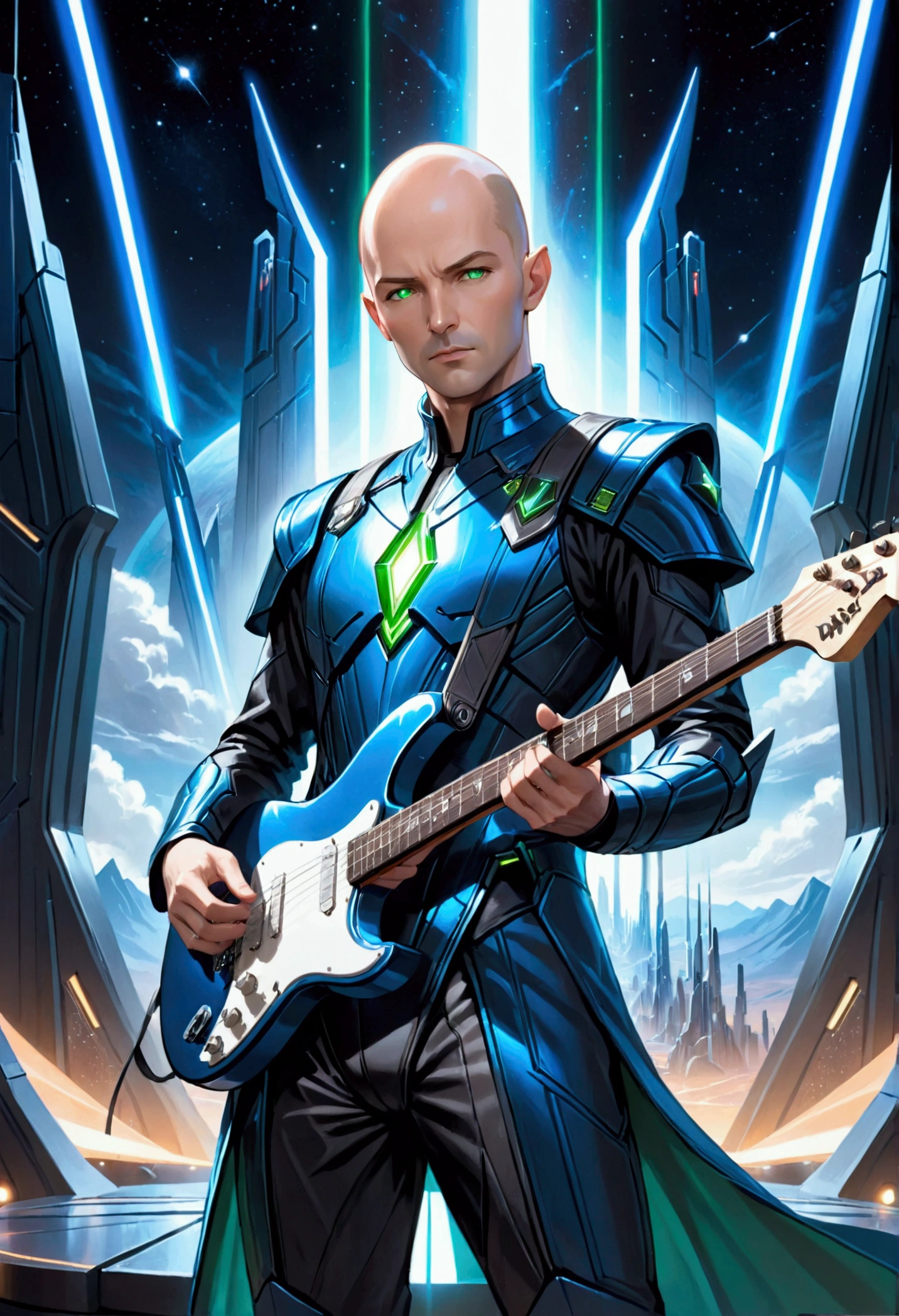 A man in his early forties with short blond hair and slight baldness , stunning green eyes, detailed facial features, wearing a sparkling silver and blue sci-fi inspired costume, holding an electric guitar, standing on a neon-lit stage, dramatic sci-fi landscape of Alderaan in the background, powerful and emotional musical performance, photorrealistic, 8K, best qualityer, highy detailed