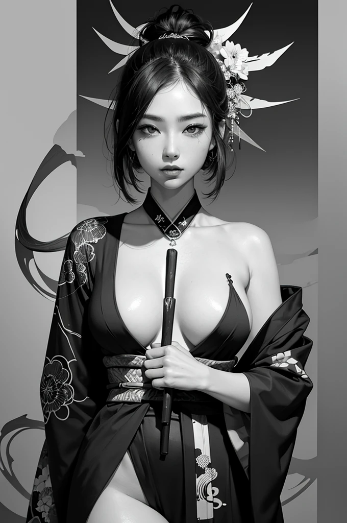 Wait warrior sexy, pretty face, Delicious Company, Alluring figure, Wearing a sexy open kimono. The artwork is created in a medium reminiscent of Japanese ink paintings....., Features bold brushstrokes and a Monochromatic color palette. Artist&#39;Masterful technique reveals the intensity and power of the image&#39;sense of presence，with the highest quality, Perfectly capture every detail with ultra-high resolution. Textures and intricate patterns on kimonos are rendered with extreme precision. Lighting is carefully designed，Enhance drama, Features deep shadows and subtle highlights. general, The artwork exudes elegance and power, Combining traditional Japanese aesthetics with a modern feel. Monochromatic color palette, Combine details, Create captivating and immersive experiences for your audience.