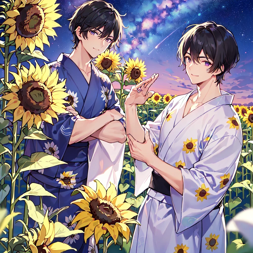 masterpiece,best quality,high quality,(1 male austere handsome solo adult age 30 years old:1.5), purple eyes, cool with suspended eyes, V-shaped eyebrows, body strong and fearless 8.5 head tall, height 185cm, (well-groomed black short hair down to neck:1.4), (bangs 7 thirds parted:1.4), slender nose, facial muscles, throat, (pants with yukata print summer fashion:1.3), (stylish pose), (cool smile:1.3), (background sunflower flower field:1.3) ,( Milky Way Night Sky: 1.3)