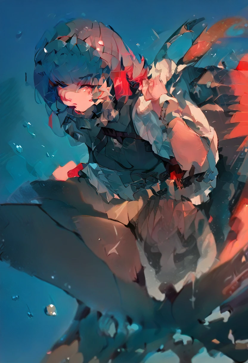 0 damage assassine, pointing the brush at viewer, ,a killer who likes to paint, creates paint beings, paint bird, dirty colored paint clothes, holding a wet paint brush, colored hair, fantasy, marvel, absolutely stunning art, highest quality art, highest resolution, hyper detailed, black and red