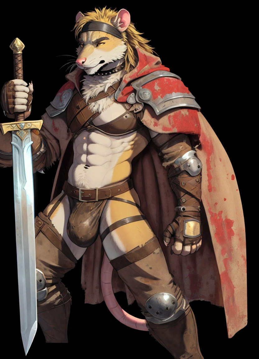 Solo Sexy young anthro furry rat male mercenary medieval solider, tall and slim slimin hips muscular, anthro handsome gay shorter muzzle, handsome gay model male apperance, sword scars, headband, worn out leather skimpy armament, low on hips heavy leather belt, old very worn out skimpy dirty linen material jockstrap, old yellow dirty worn out stains on white sawn jockstrap, very visible "x" brown seam pattern on the jockstrap, studded skimpy armlets breastplate armor, skimpy breastplate, blooded sword, blooded furr, blooded armor, leather bondages, fingerless leather gloves, smelly unwashed furr, dirty body look, desert battlefield, standing in sexy fighting position, close view of full character